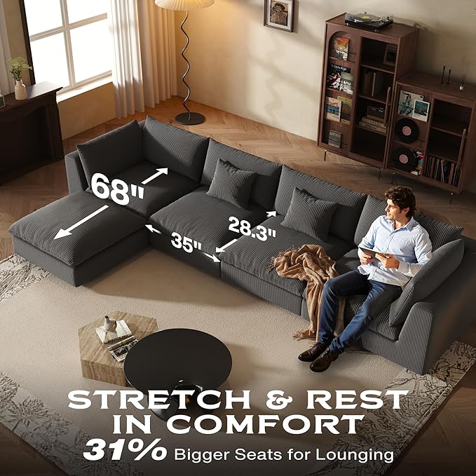 Fajiani Oversized Modular Sectional Sofa, Cloud Couch Deep Seat Sofa Cushion Covers Removable, Oversized Sectional Couches for Living Room (6 Seater U Shaped-Black Gray)