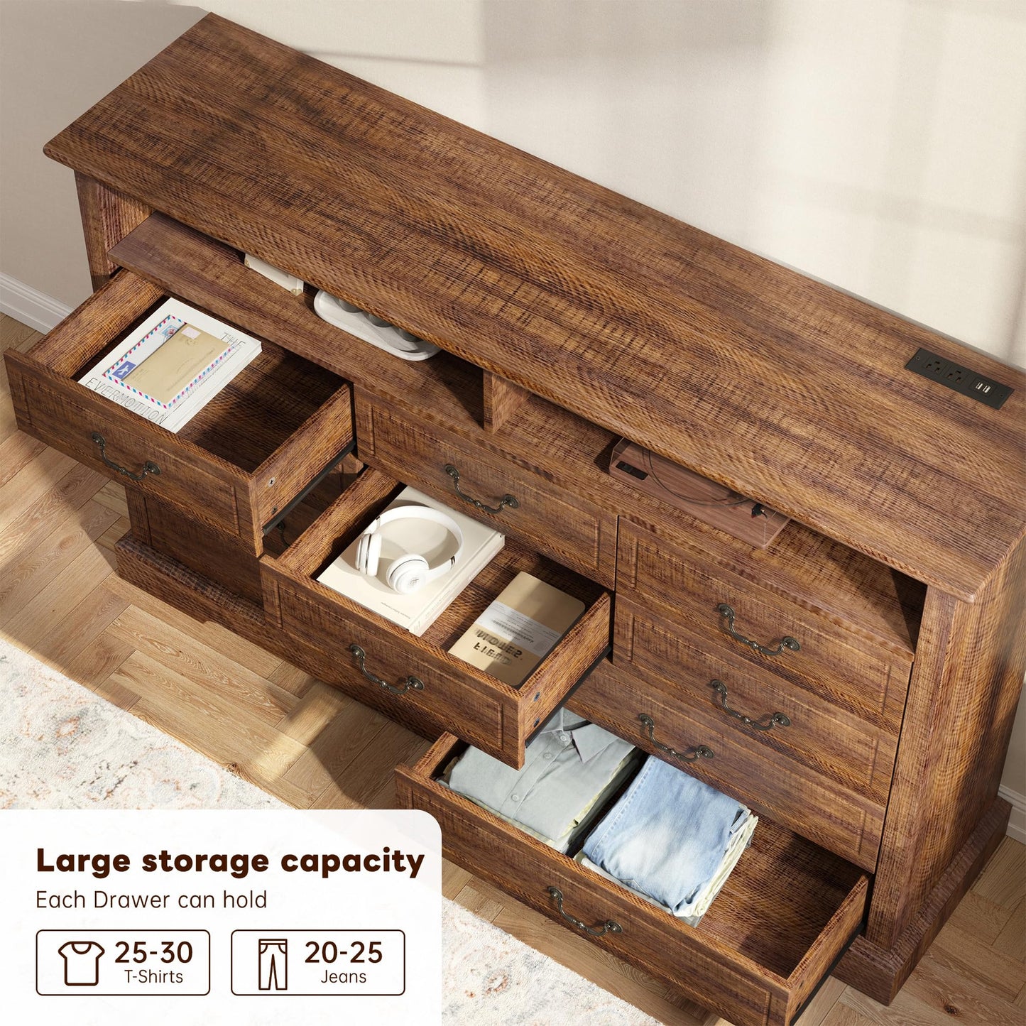 Farmhouse Dresser for Bedroom 55.2''Wide Wood Dresser with LED & Power Outlet Vintage 10 Drawers & Chests of Drawers Long Space Saver TV Stand, Closet, Entryway, Rustic Brown