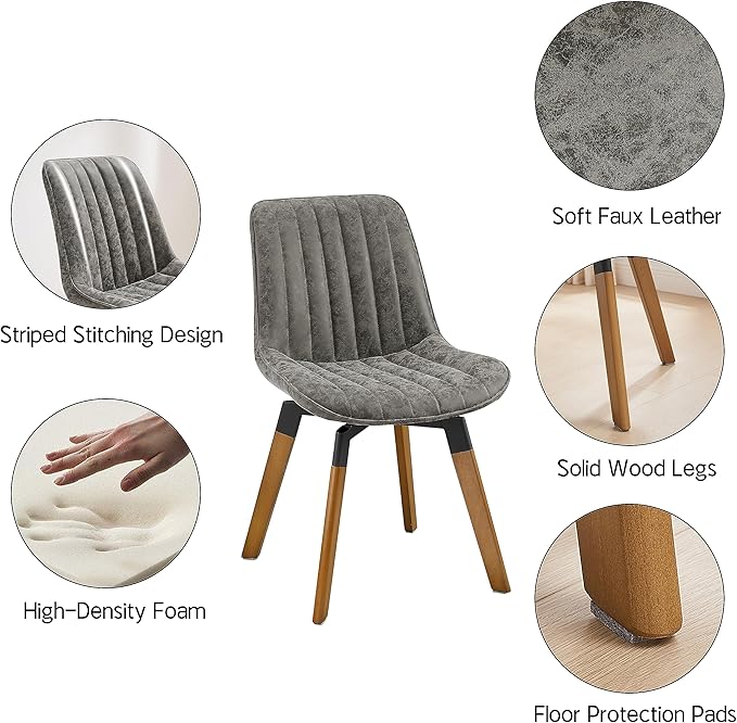 Art Leon Swivel Dining Chairs Set of 2, Mid Century Modern Kitchen Dining Room Chairs, Upholstered Faux Leather Armless Side Chair with Wood Legs for Living Room Bedroom, Gray
