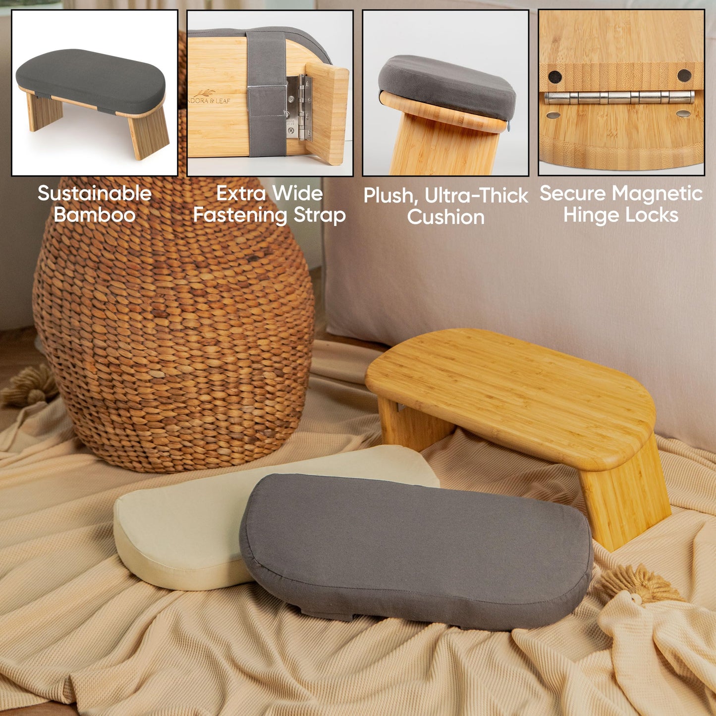 Meditation Chair w/ Extra Thick Cushion - Portable Bamboo Meditation Bench w/ Magnetic Locking Hinge - Anterior Tilt Seiza Bench Ideal for Comfortable & Stable Meditation - Sleek Canvas Kneeling Chair