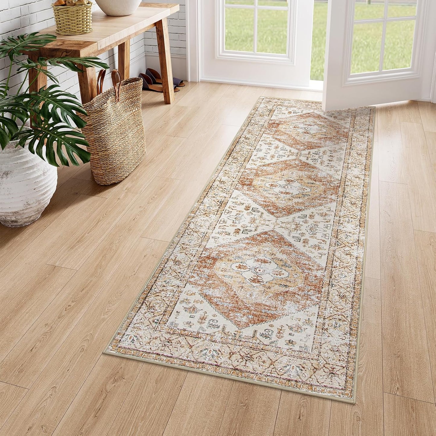 Lahome Boho Washable Runner Rug - 2x6 Hallway Rug Kitchen Runner Non-Slip Throw Thin Bedroom Rugs Laundry Room Oriental Distressed Print Carpet for Entrance Bathroom Living Room