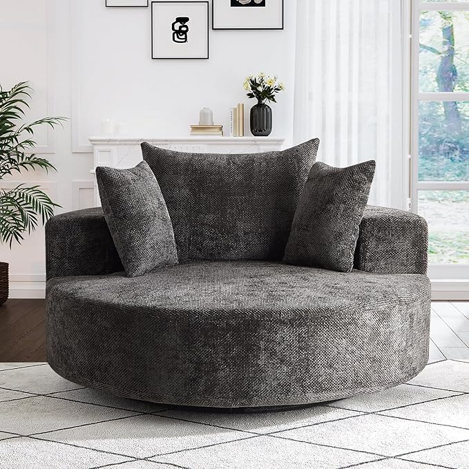 Oversized Round Swivel Chaise Longue Chair Indoor, Modern 55-inch 360 Degree Swivel Upholstered Waffle Chenille Deep Seat Circle Single Cloud Sofa Chair for Living Room Bedroom Apartment Office, Black