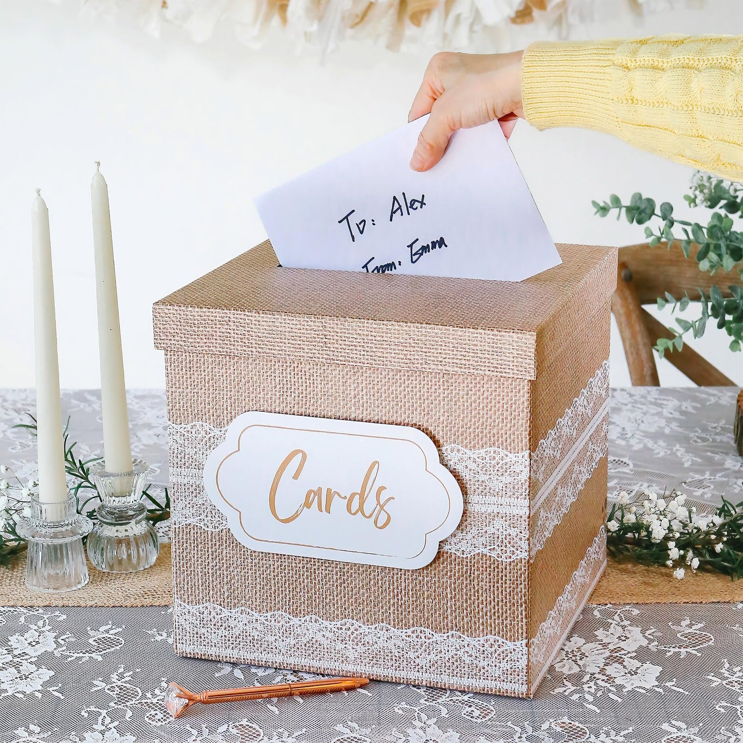 Kate Aspen Rustic Burlap & Lace Gift / Wedding Card Box, Money Box, Farmhouse Wedding Decorations For Reception - Also Perfect for Boho Baby Showers, Birthdays, Graduation