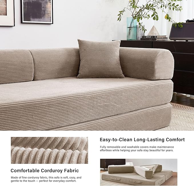 79" 5-in-1 Folding Convertible Sofa Bed, Oversized Corduroy Futon Floor Couch with Pull-Out Sleeper, Modular Boneless Loveseat for Small Spaces, Living Room, Bedroom (Beige)