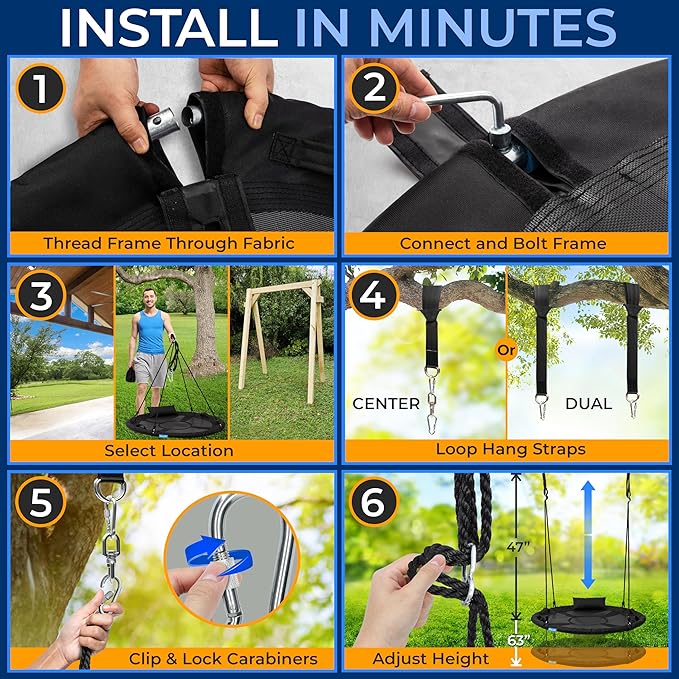 SereneLife 40" Saucer Swing - Outdoor Swing Set with Universal Hanging Kit, Swinging Seat Spinner with Pillow & Carry Bag, Weatherproof, Water-Resistant, Supports Up to 700 lbs, Black