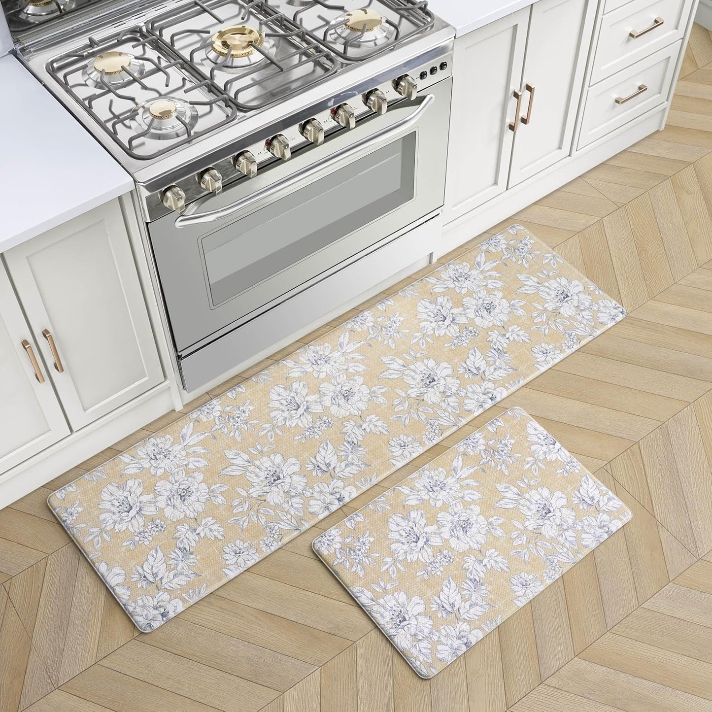 Laura Ashley - Anti-Fatigue Kitchen Mat, Iris Floral Design, Stain, Water & Fade Resistant, Cooking & Standing Relief, Non-Slip Backing, 2 Piece Set: 17.5" x 60" / 17.5" x 28" Yellow Iris