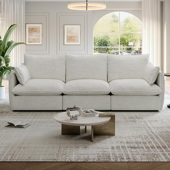 Lopzeho 94.6" Cloud Modular Sectional Sofa, Waterproof Down Filled Sectional Sofas, High Backrest 3 Seater Sectional Couches for Living Room, Modern Modular Couch with Removable Cover, Cream White
