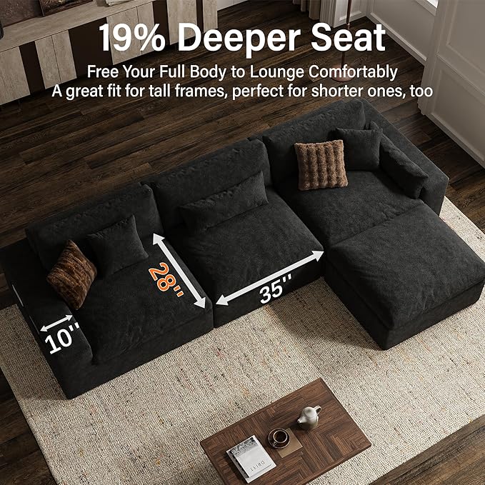 160'' Oversized Boneless Sectional Couches for Living Room, Deepseat Boneless Cloud Modular Sectional Sofa with Ottoman, No Assembly Required L-Shape Cloud Sofa, Plush Fabric, Black