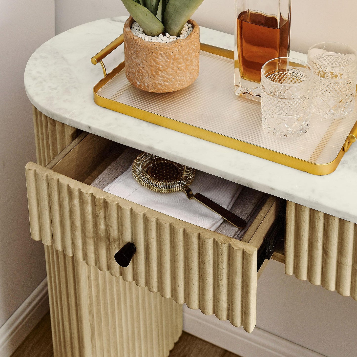 Modway Caldera 42-Inch Curved Solid Wood Fluted Console Table in Natural with Oval Marble Top – Narrow Entryway Table with 2 Drawers