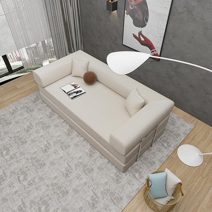 Convertible Couch Sofa Bed Foldable Floor Sleeper | Upgraded ALL High-Density 35D Foam | Fold Out Deep Seat Couch | King Size | Compression Sofa Sleeper for Living Room, Bedroom | Corduroy Beige