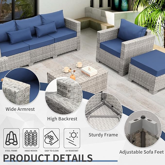 WAROOM Patio Furniture Set 6 Piece Outdoor Patio Set Grey Wicker Balcony Furniture Conversation Sets PE Rattan Couch Sofa with Coffee Table, Blue Cushion