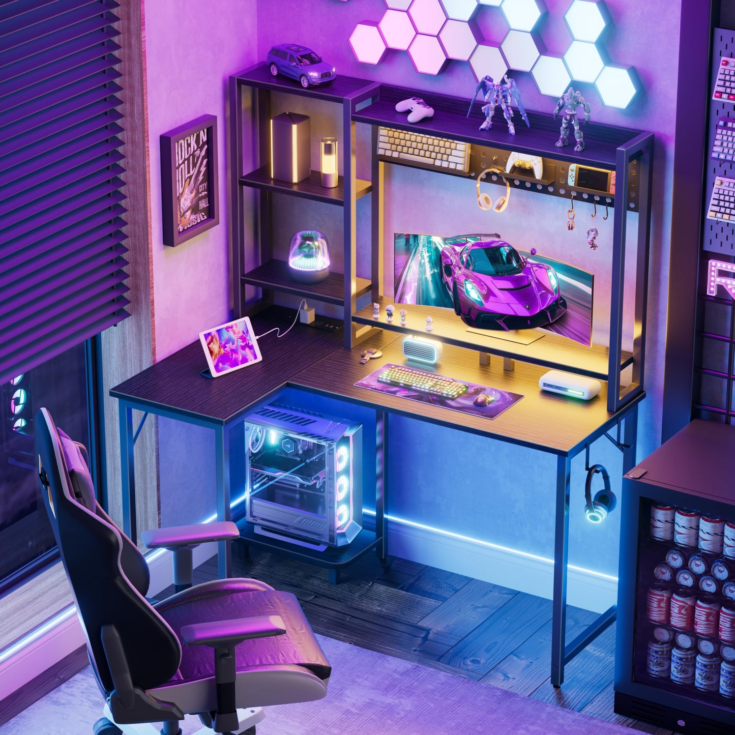 MEUIS L Shaped Gaming Desk with Shelves - 48 inch Corner Computer Desks with Storage Hutch Shelf Reversible Pegboard Led Lights Power Outlets PC Monitor Stand for Bedroom, Black