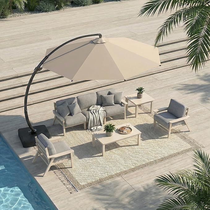 Patio Kingdom 7 Piece Patio Conversation Sets, Outdoor Couch with Washable Thick Gray Cushions, HDPE Patio Furniture Set with 12FT Umbrella, Outdoor Sectional Furniture for Backyard (White Frame)