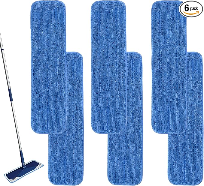 Matthew 18'' Microfiber Spray Mop Replacement Pads Heads for Wet Dry Reusable Mops Floor Home Commercial Cleaning Refills, Machine Washable Fits Compatible with Bona Mop&Most Spray Mops Blue (6 Pack)