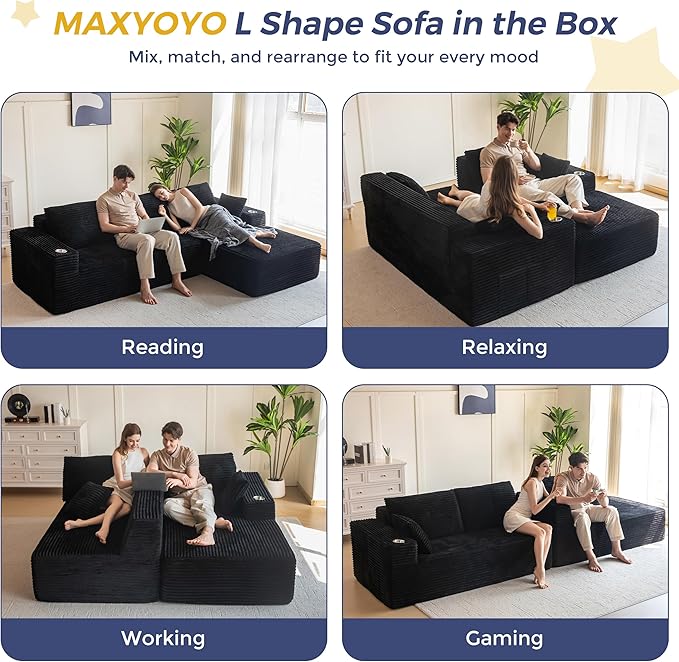 MAXYOYO 104" Modular Sectional Couch with L-Shape Chaise, Modern Boneless Couch for Living Room, Sofa in A Box, Oversized Sofa Sleeper with Deep Seat, No Assembly Required, Black