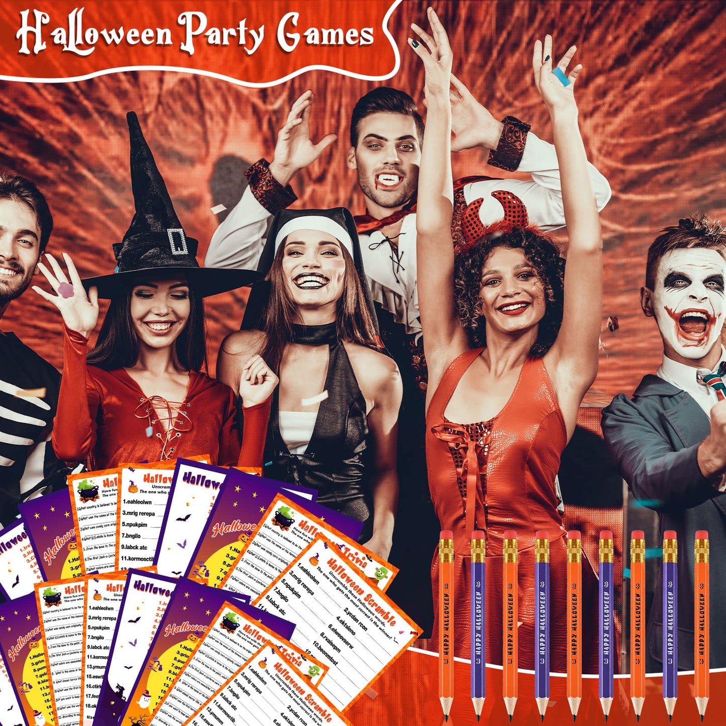 Kathfly 120 Pcs Halloween Games for Adults Include 2 Sets 40 Halloween Games Cards 20 Answer Cards and 20 Pencils, Baby Shower Party Supplies Word Scramble for Adults Groups (Horrible)