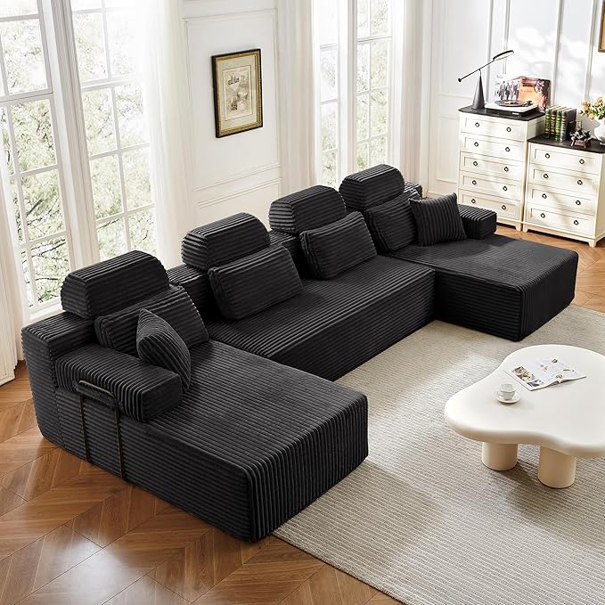 141" U-Shaped Cloud Modular Sectional Sofa with Chaise & Headrest, Boneless Deep Seat Plush Corduroy Couches for Large Living Room, No Assembly Required (Black, 141" U-shapred Chaise)