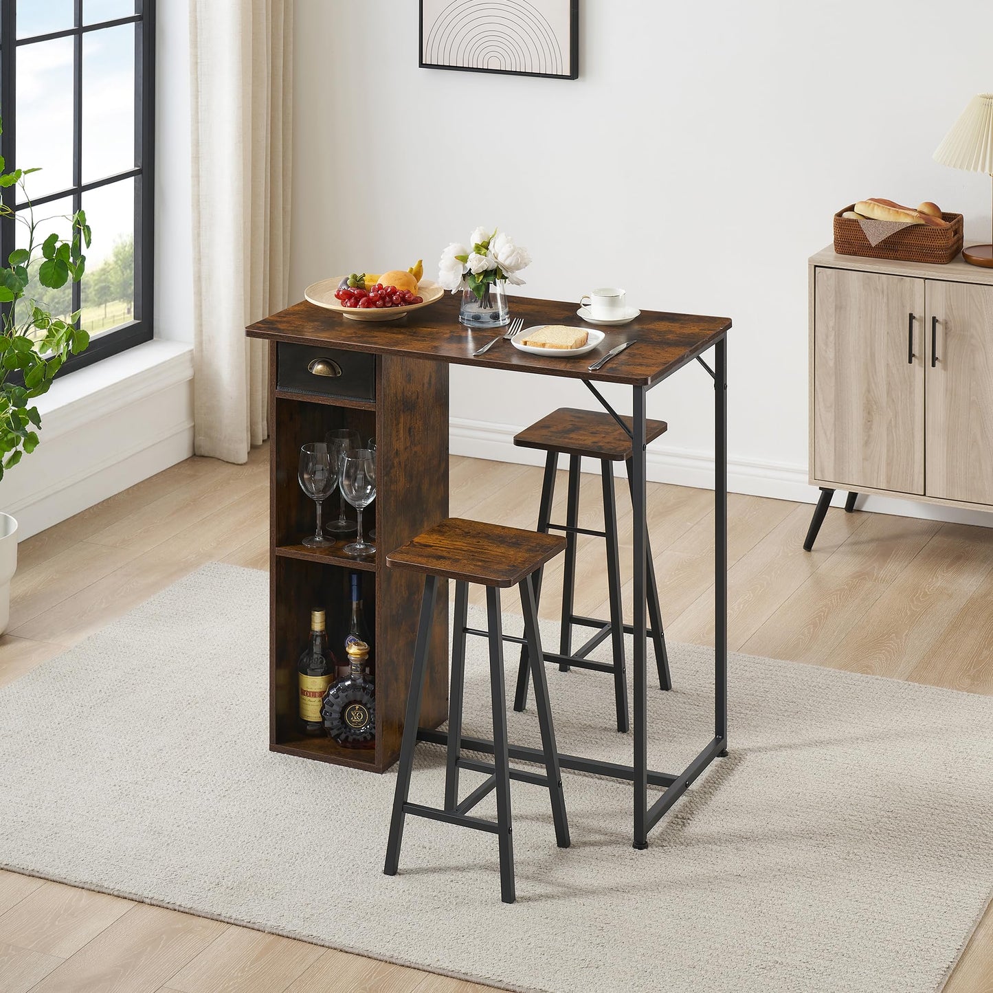 IDEALHOUSE 3-Piece Dining Table Set for 2， Kitchen Table and Chairs with Storage Drawer & Shelf – Compact Kitchen Table and 2 Bar Stools, Perfect for Small Kitchens, Apartments, Brown