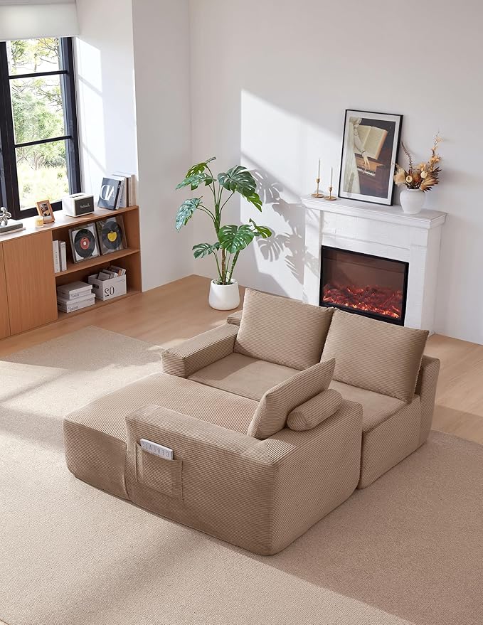 Vanress 97" Cloud Couch Sectional, Corduroy Boneless Couch with L-Shape Chaise,Modern Modular Sectional Sofa Comfy Deep Seat for Living Room, Bedroom, No Assembly (Camel, Right Facing Chaise)