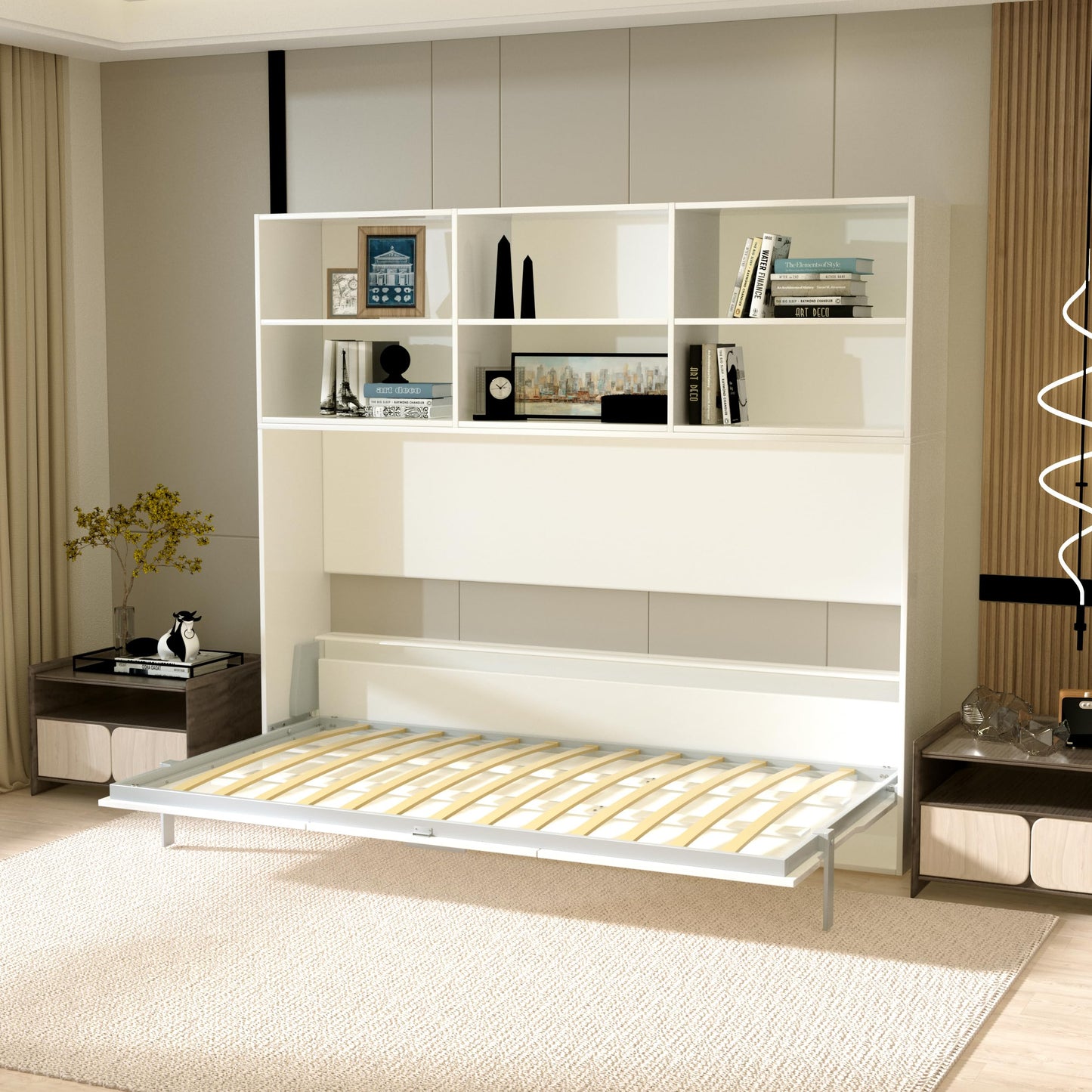 Jintop Twin Size Horizontal Murphy Bed with Double Layer Shelf Storage,Wood Wall Cabinet Hideaway Platform Bedframe W Gas Struts,for Bedroom or Guestroom,White