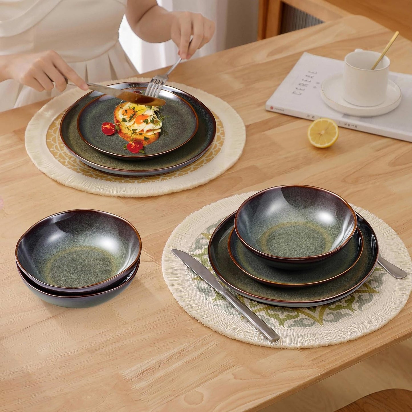 Herogo 18PCS Dinnerware Sets for 6, Stoneware Plates and Bowls Dish Set, Irregular Handmade Dinner Ware Dishware for Kitchen Dinning, Microwave & Dishwasher Safe, Lichen Green