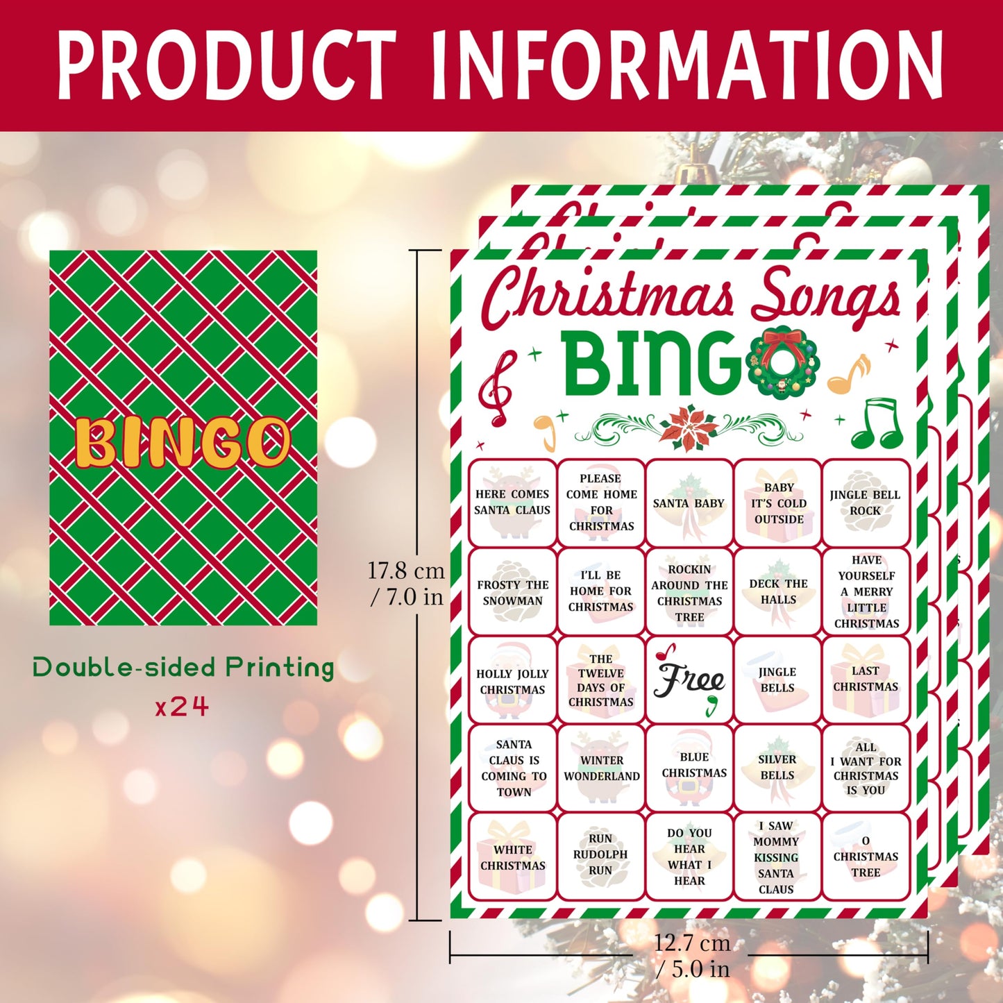 Christmas Bingo Game - 38 Sheet Song Bingo Cards for 24 Players, Adults, Families, Large Groups - Holiday Winter Party Card Games