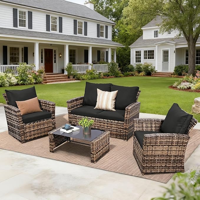 FHFO 4 Piece Outdoor Patio Furniture Set,Wicker Conversation Sets Outdoor Sectional Patio Sofa Couch with Cushions & Coffee Table for Outside, Garden, Balcony, Porch,Yellow/Black