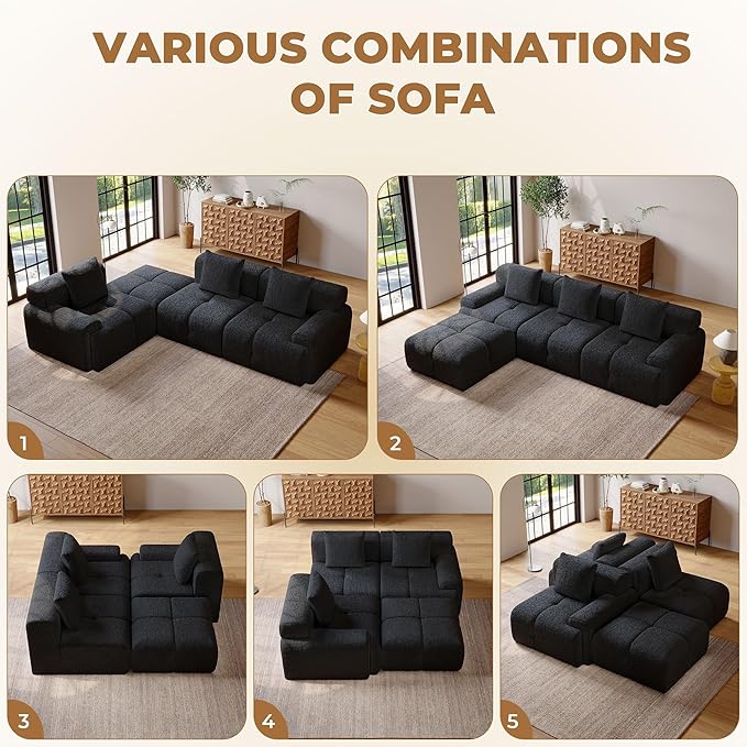 104" Modern L Shaped Modular Sectional Sofa, 4 Seater Convertible Chenille Cloud Couch Sofa Set, Boneless Couches for Living Room with Ottoman, No Assembly Required, Black