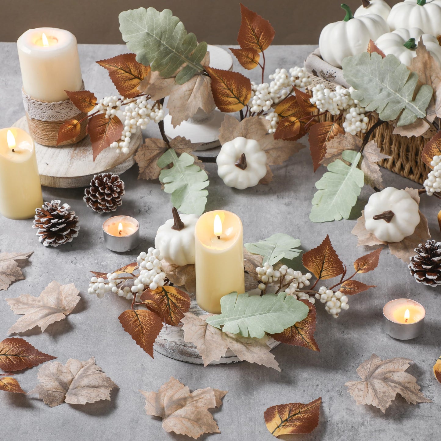 4 Pieces Fall Candle Rings Wreaths Neutral Fall Decor Artificial Pumpkin Maple Leaf Candle Garland Thanksgiving Berry Candle Rings for Autumn Farmhouse Harvest Wedding Parties Centerpieces for a Cozy