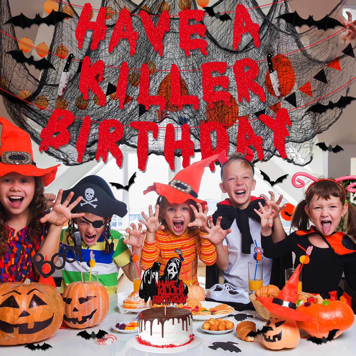 Trgowaul Halloween Horror Birthday Decorations, 31PCS Halloween Party Supplies, Hanging Swirls, Killer Cake Topper, Banner, Black Creepy Cloth&3D Bat Sticker for Spooky Haunted House Fireplace Decor