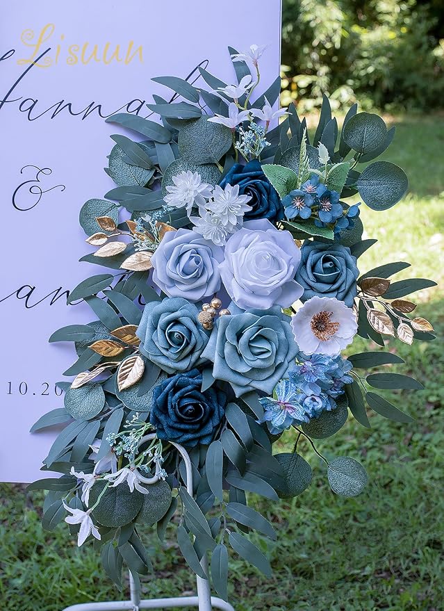 Wedding Arch Flowers, Artificial Floral Decor for Wedding Ceremony & Reception, Standard Size Large Flower Swag Set for Backdrop & Welcome Sign, Pack of 2 (Gray Blue)