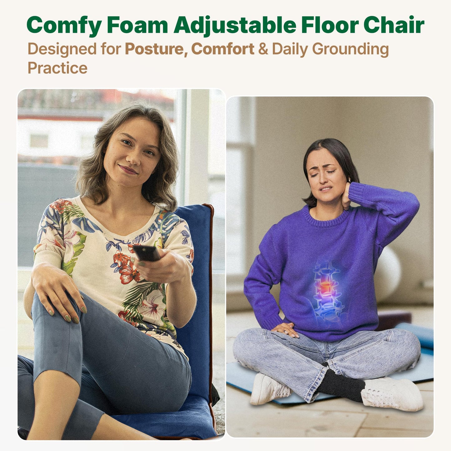 Adjustable Japanese Floor Chair with Back Support for Adults | Premium Meditation Chair for Seating, Yoga & Gaming -Folding Backjack Floor Chair with 6 Recline Positions, Thick Padding & Vegan Leather