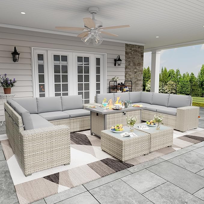 Broivira 13 Piece Patio Furniture Set with 50,000 BTU Rattan Fire Pit Table That Converts to Coffee Table, 9.8" Wide Arm Sectional Sofa with Storage Armrests, Outdoor Rattan Conversation Set, Grey