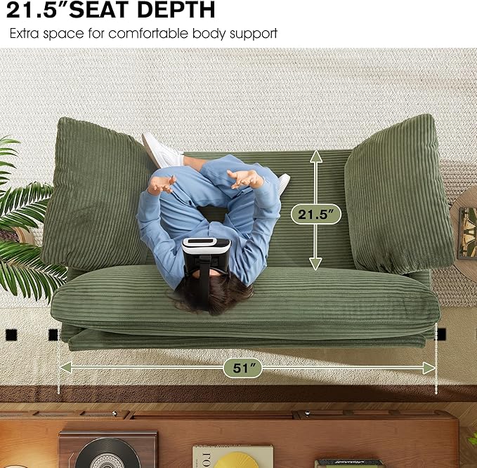 kakuboohi 51" Loveseat Sleeper Sofa Bed, Corduroy Convertible Floor Sofa Bed for Small Spaces, Folding Couch Bed with Deep Seat, 2 Pillows & Solid Frame, Pull Out Floor Couch for Living Room, Green