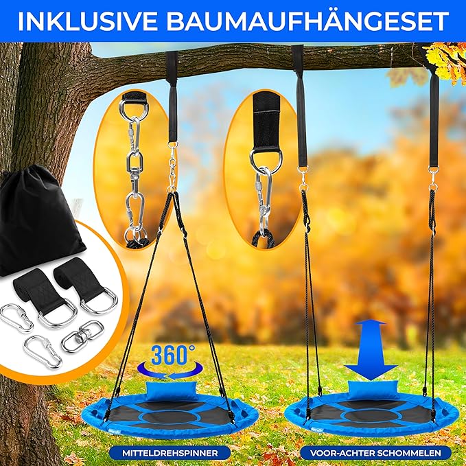 SereneLife 40" Saucer Swing - Outdoor Swing Set with Universal Hanging Kit, Swinging Seat Spinner with Pillow & Carry Bag, Weatherproof, Water-Resistant, Supports Up to 700 lbs, Blue