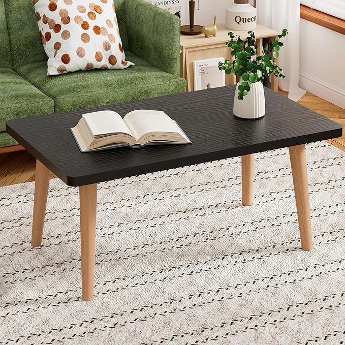 Small Coffee Table for Small Space, Low Table, Floor Table Desk for Sitting on The Floor, Storage Living Room Furniture, Tatami Tea Tables with Solid Wood Legs, Home Office, Farmhouse, Rectangle Black