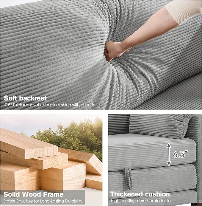 kakuboohi 65" Loveseat Sleeper Sofa Bed, Corduroy Convertible Sofa Bed for Small Spaces, Folding Couch Bed with Deep Seat, 2 Pillows & Solid Frame, Pull Out Floor Couches for Living Room, Grey