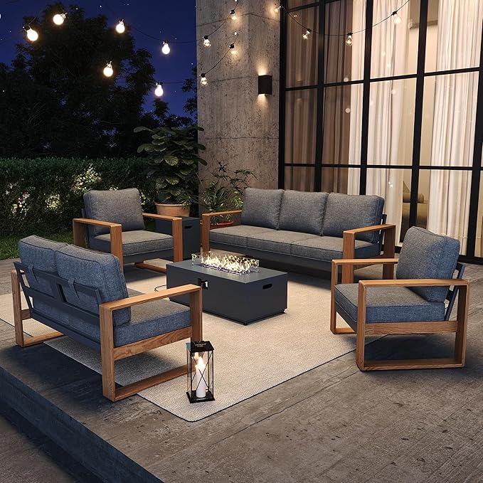 4 Pieces Aluminum Patio Furniture Set, Outdoor Conversation Sets with High Backrest Sofa and Fire Pit Table for Garden and Backyard