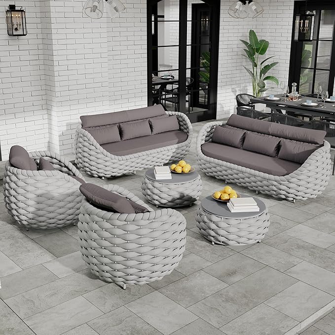 Erotr Lanai Outdoor Furniture Set: 6-Piece Aluminum Woven Rope Patio Conversation Sofa Set w/Table - Modern Cushions Couch Set - No Assembly Metal Porch Seating for Deck Yard Garden Pool Hotel Resort