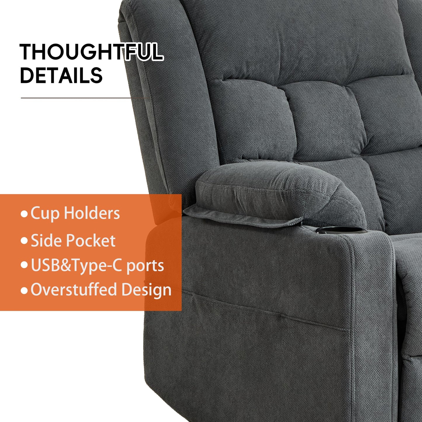 Ketaiyou Electric Power Lift Recliner Chair Sofa with Massage and Heat for Elderly, USB and Type-C Ports, Cup Holders, Infinite Position (Dark Grey, Regular)