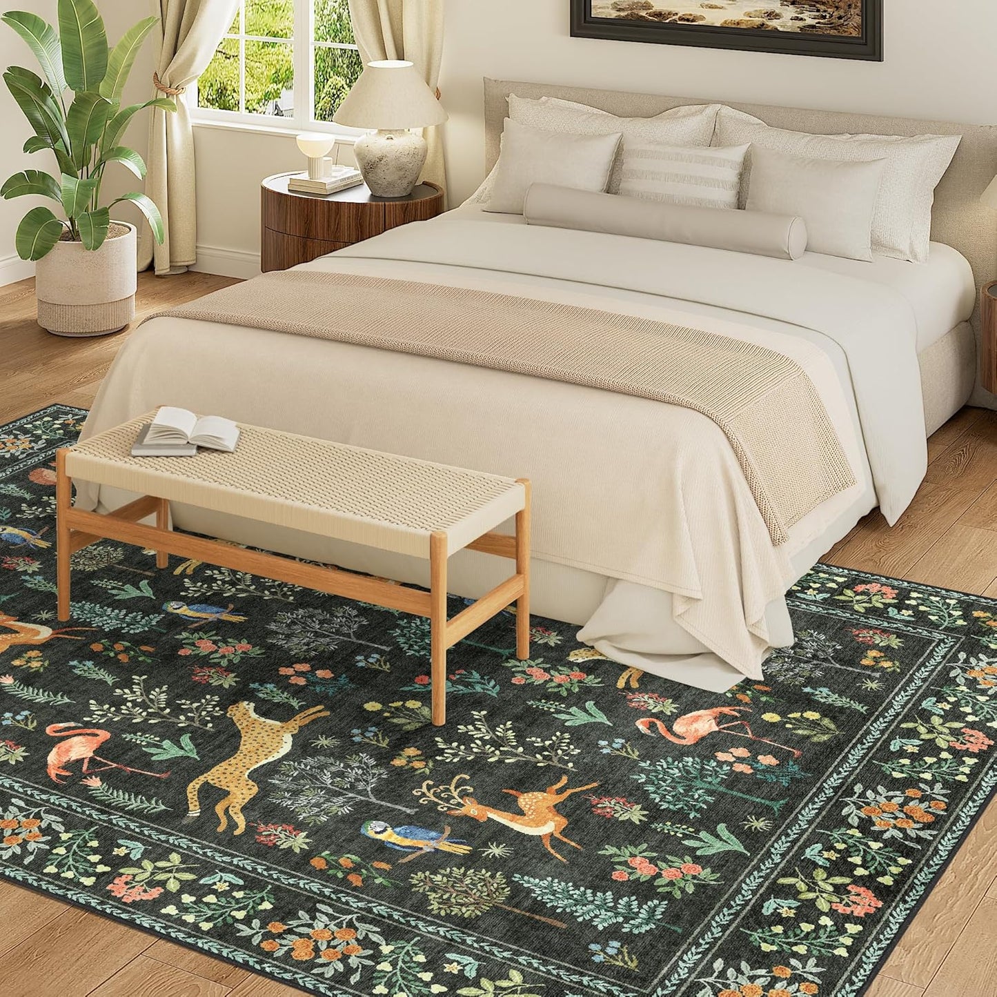DUKINO 9x12 Rug, Washable Animal Living Room Rug with Non Slip Vintage Design, Soft Low Pile Large Carpet for Bedroom, Nursery, Dining Room, Farmhouse, Playroom, Black