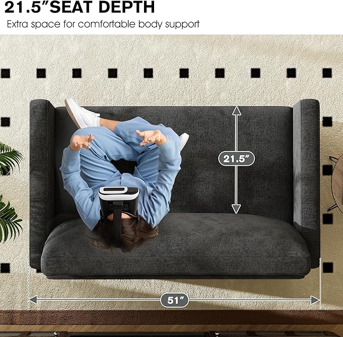 kakuboohi 51" Loveseat Sleeper Sofa Bed, Chenille Convertible Floor Sofa Bed for Small Spaces, Folding Couch Bed with Deep Seat, 2 Pillows & Solid Frame, Pull Out Floor Couch for Living Room, Black