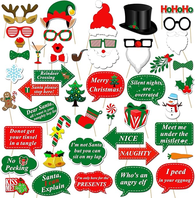 Christmas Photo Booth Props Kit(47Pcs), Konsait DIY Christmas Photo Booth with Stick Funny Xmas Selfie Props Accessories f...