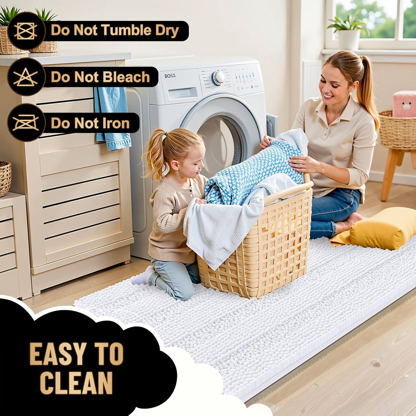 OLANLY Thick Bathroom Rugs 47x20, Extra Soft Absorbent Chenille Striped Bath Rugs, Rubber Backing, Machine Wash Dry, Bath Mats for Bathroom Floor, Tub and Shower, Home Decor Accessories, White
