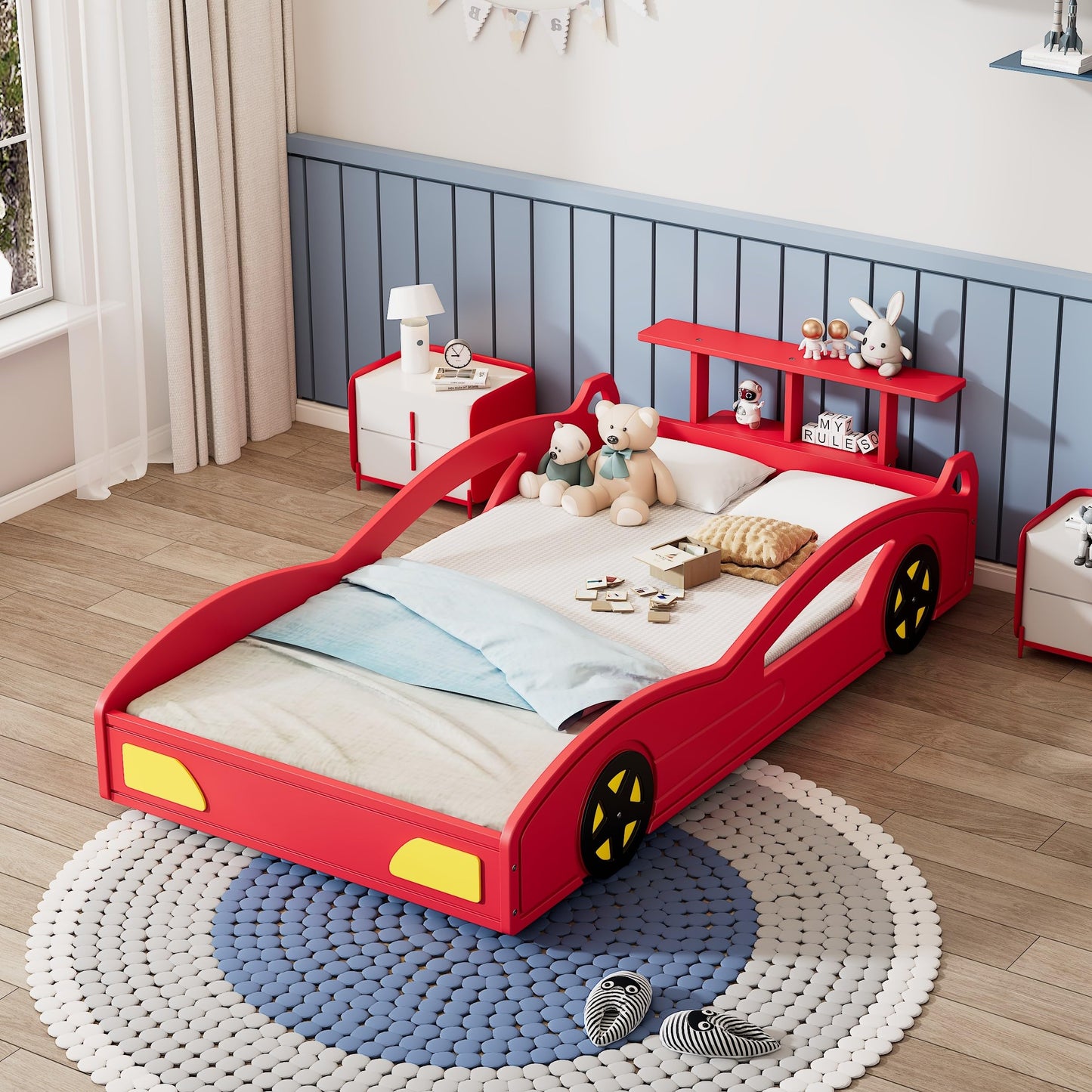 Twin Size Bed Frame for Kids, Twin Floor Bed with Rails, Wooden Race Car Bed, Car-Shaped Platform Twin Bed with Wheels,Mattress Foundation,Wood Slat Support, No Box Spring Needed, Red