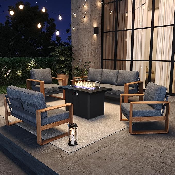 4 Pieces Aluminum Patio Furniture Set, Outdoor Conversation Sets with High Backrest Sofa and Fire Pit Table for Garden and Backyard