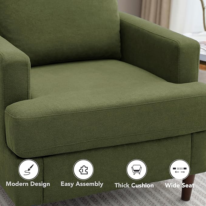 Weture Mid-Century Accent Chair,Modern Linen Fabric Armchair for Living Room,Comfy Upholstered Reading Accent Chairs for Bedroom,Single Sofa Chair with Wood Legs (Green, 1 Pack)