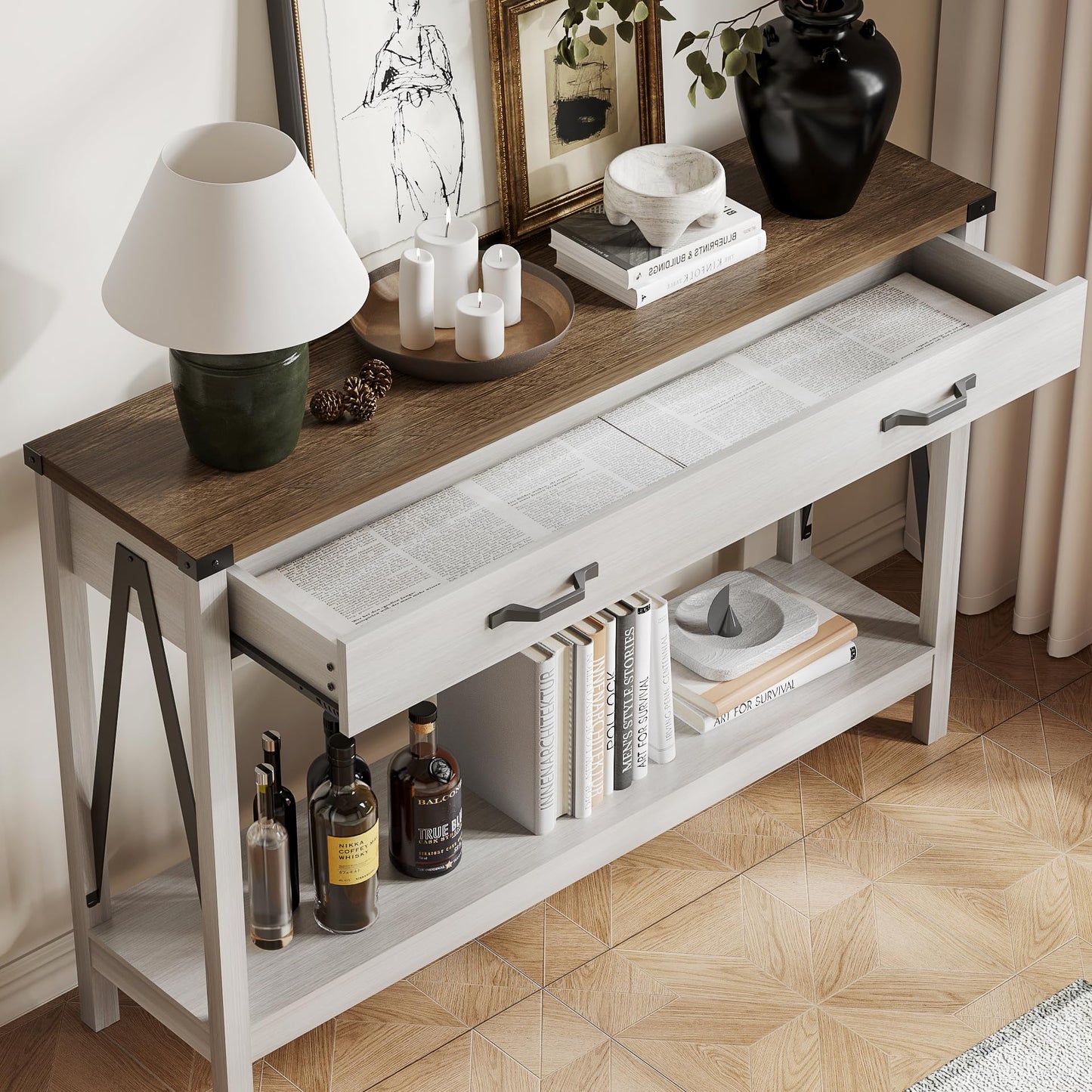 ChooChoo 47'' Farmhouse Console Table with Drawer, Entryway Table with Storage Shelf, Rustic A-Design Sofa Table for Hallway, Entrance, Living Room, White&Brown