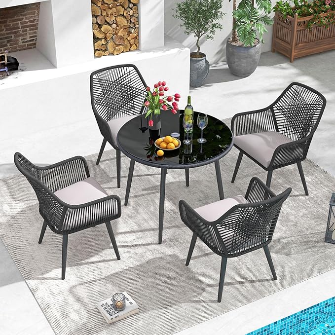 Patiorama Patio Dining Chair Set of 2, Woven Rope Outdoor Dining Chairs w/Steel Frame, All-Weather Twisted Rattan Chairs w/Armrest & Cushion, Outdoor Dining Wicker Chairs for Backyard Garden(Black)