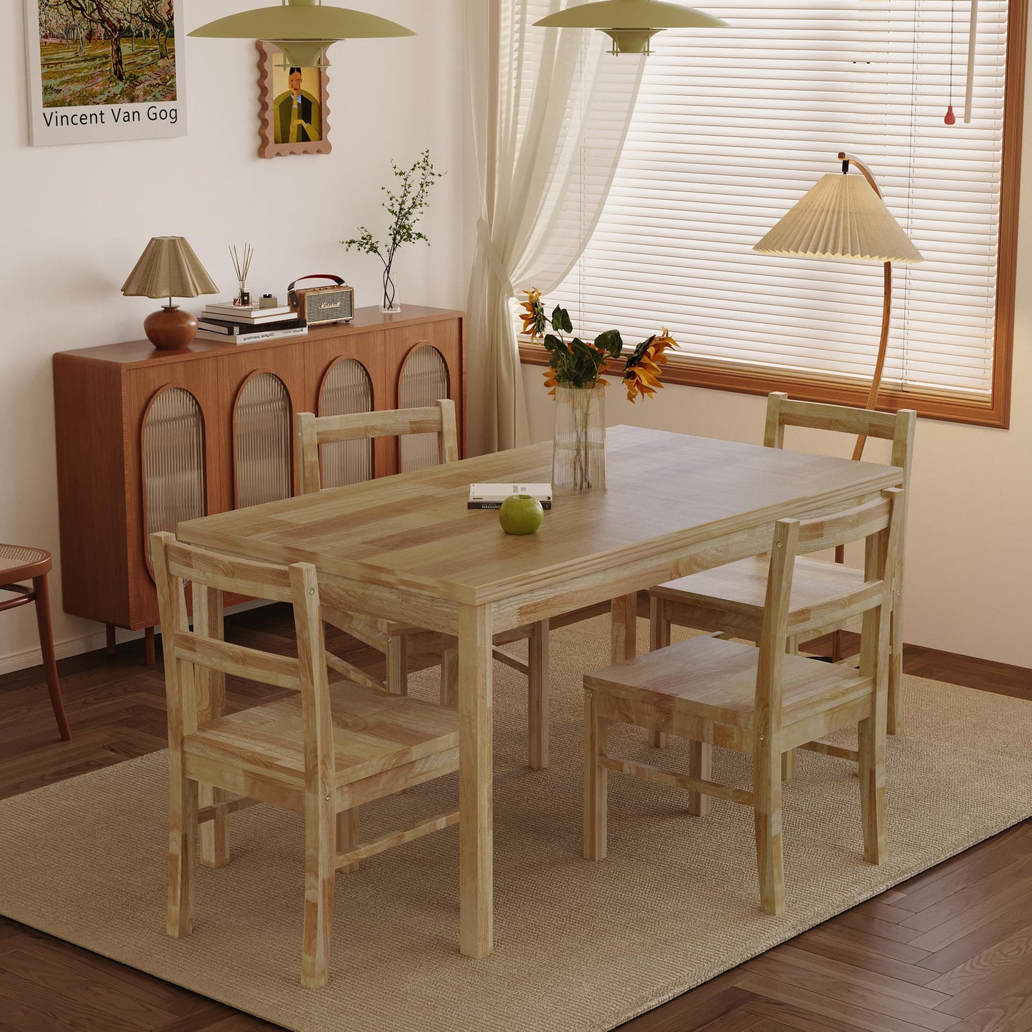 Orweiin 43.3 inch Solid Wood Indoor Modern Rectangular Dining Table Set for 4, Table and 4 Solid Wood Dining Chairs for Kitchen, Bar, Living Room, Breakfast Nook, Natural